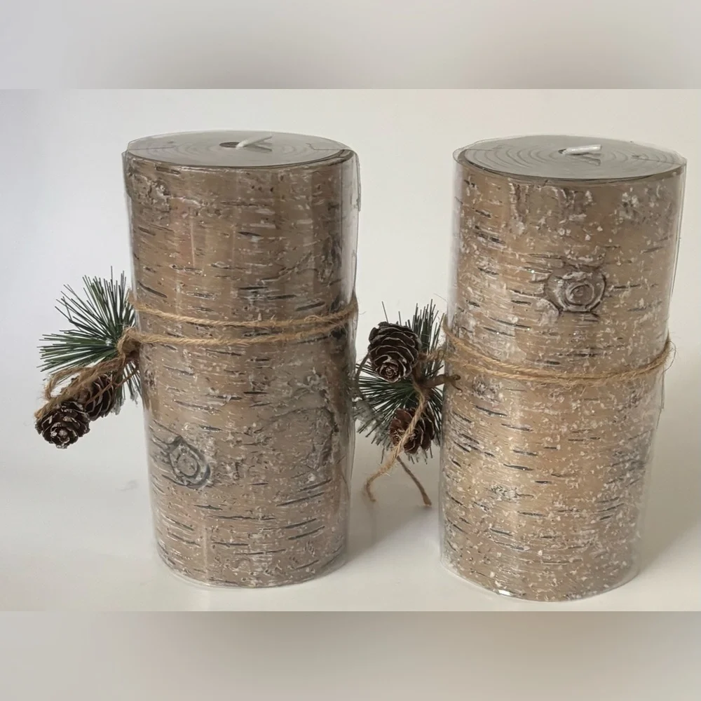 Rustic tree theme pillar candles NWT NEW 2 total 6 in Christmas Xmas festive